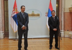 13 November 2015 National Assembly Deputy Speaker Veroljub Arsic and Chief Executive Officer of the Westminster Foundation for Democracy Anthony Smith at the press conference on the opening of the Budget Office at the National Assembly 